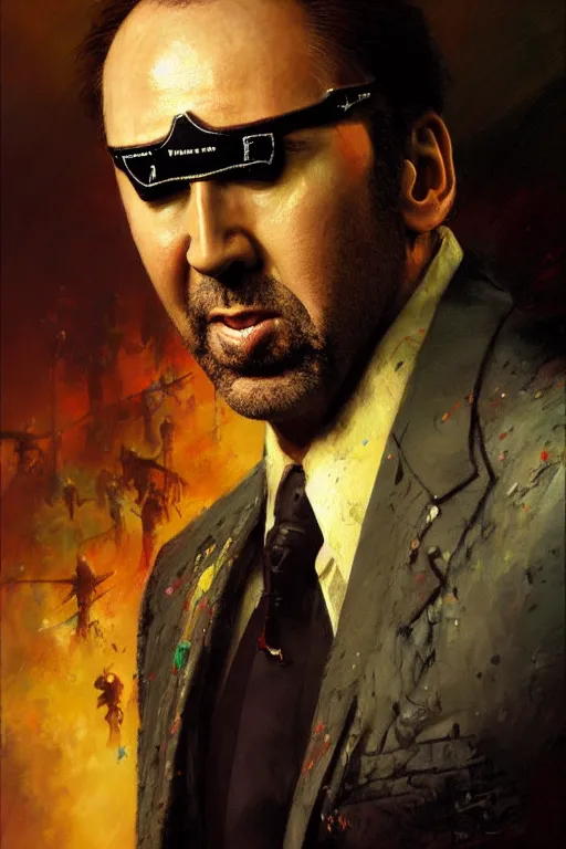 Image similar to nic cage pickle wearing an eye patch and a suit and tie extreme detail portrait dnd, painting by gaston bussiere, craig mullins, greg rutkowski, yoji shinkawa