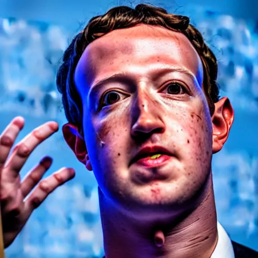 Prompt: mark zuckerberg's skin peeling off to reveal wires and metal at a press conference