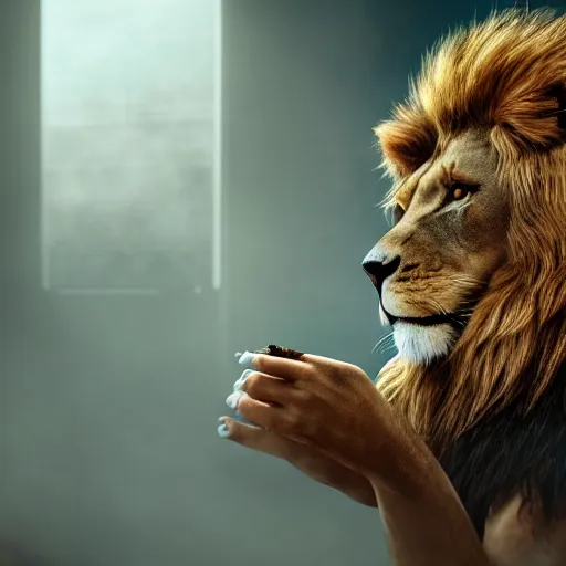 Image similar to a lion smoking a cigar, dramatic lighting, cinematic, establishing shot, extremely high detail, foto realistic, cinematic lighting, post processed, concept art, high details, cinematic, 8k resolution, beautiful detailed, photorealistic, digital painting, artstation, concept art, smooth, sharp focus, artstation trending, octane render, unreal engine