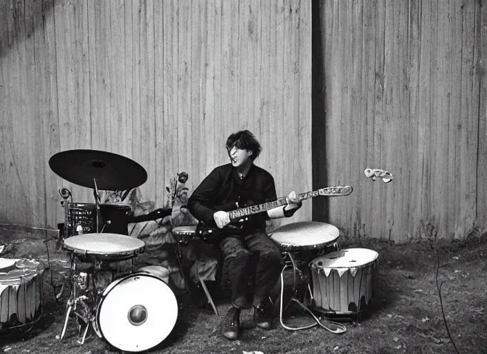 Image similar to a little water bear playing electric guitar while his friend plays the drums, Gregory Crewdson, Joel Sternfeld