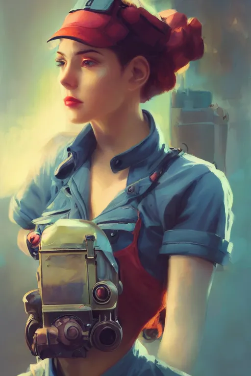 Image similar to a portrait of a cute female mechanic, dieselpunk setting, vivid colors, soft lighting, atmospheric, cinematic, moody, in the style of artgerm and greg rutkowski, oil on canvas, 8 k