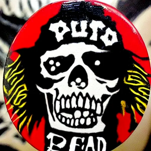 Prompt: painting on a badge, punks not dead!, exploited, clash, punk rock album cover art style, grunge, no future