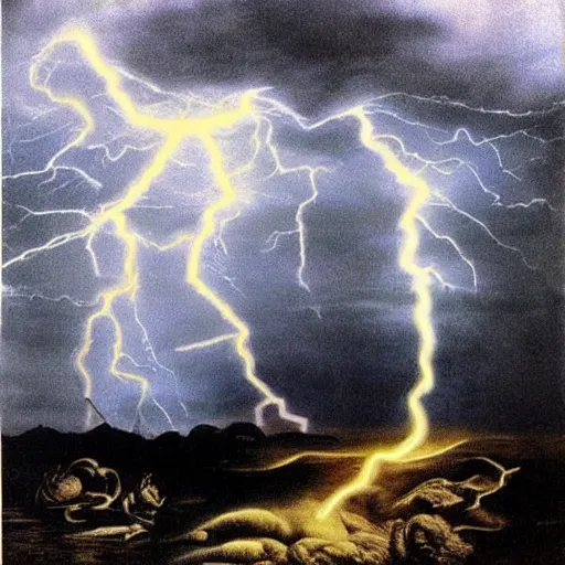 Prompt: all my worries on my back, whispering on my ear every mistake. Dark, eerie, scary, dramatic lightning, by dali