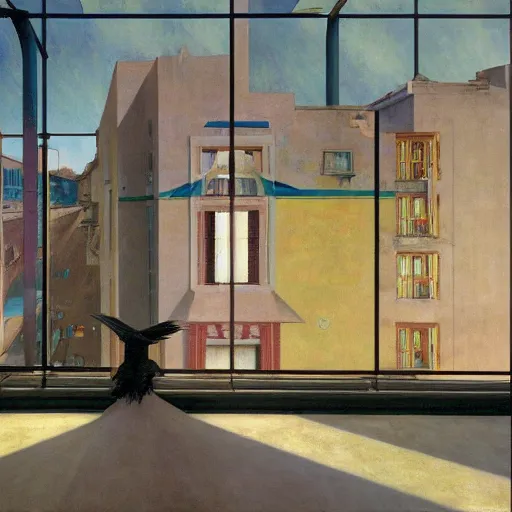 Image similar to a battle if crows in an abandoned building, hyperrealistic film still by edward hopper, by gottfried helnwein, by klimt, by paolo uccello, art nouveau, highly detailed, strong lights, liminal, eerie, metaphysical, bright pastel colors