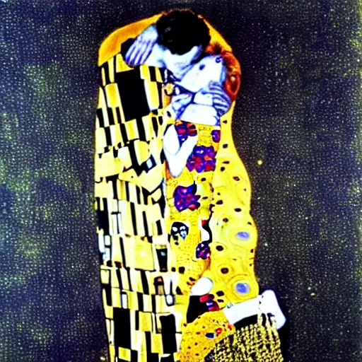 Prompt: david bowie kissing david bowie in the kiss by klimt.