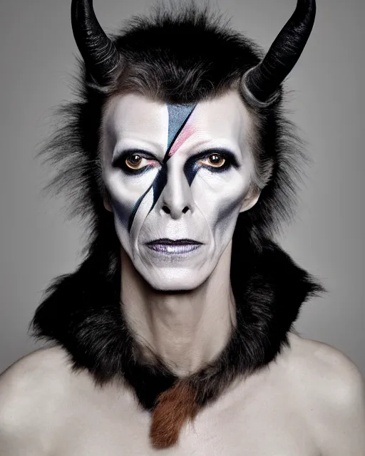 Prompt: actor David Bowie in Elaborate Pan Satyr Goat Man Makeup and prosthetics designed by Rick Baker, Hyperreal, Head Shots Photographed in the Style of Annie Leibovitz, Studio Lighting