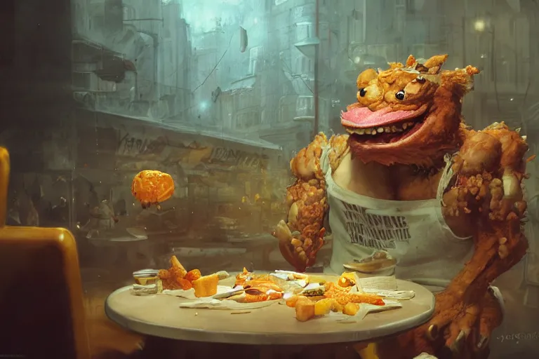 Image similar to fast food monster by jean - baptiste monge, high quality, high resolution, 4 k, painted by cgsociety, rutkowski, gurney with ambient lighting, concept art, detailed, smooth, dynamic volumetric cinematic lighting, octane, raytrace