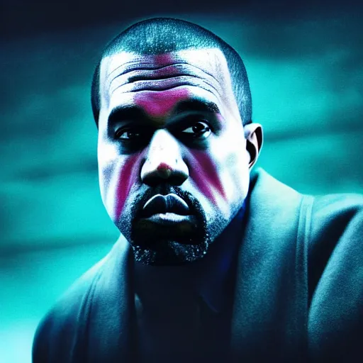 Image similar to Kanye West as the Joker, splash art, movie still, cinematic lighting, dramatic, octane render, long lens, shallow depth of field, bokeh, anamorphic lens flare, 8k, hyper detailed, 35mm film grain