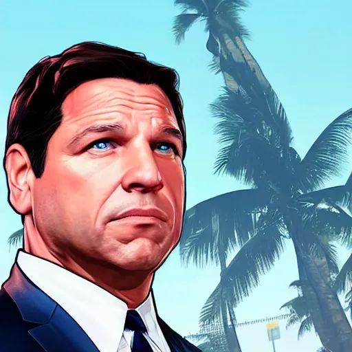 Image similar to Ron DeSantis portrait, GTA 5 Cover art, no text