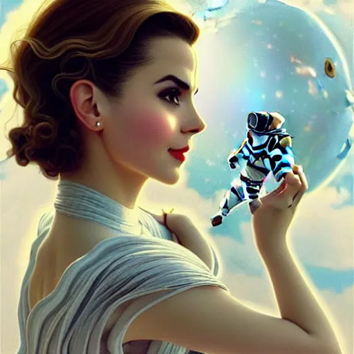 Image similar to A combination of Victoria Justice's and Grace Kelly's and Emma Watson's appearances as an astronaut, full body portrait, western, D&D, fantasy, intricate, elegant, highly detailed, digital painting, artstation, concept art, matte, sharp focus, illustration, art by Artgerm and Greg Rutkowski and Alphonse Mucha