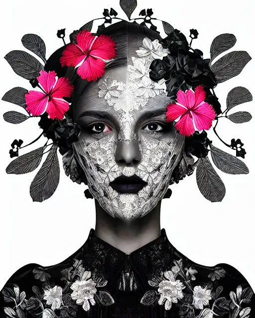 Image similar to monochrome profile portrait painting, dutch masters, silver lace floral steampunk biomechanical beautiful young female cyborg with one fluo techno eye, monocular, volumetric light, leaves foliage and stems, hibiscus flowers, rim light, big gothic fashion pearl embroidered collar, 8 k