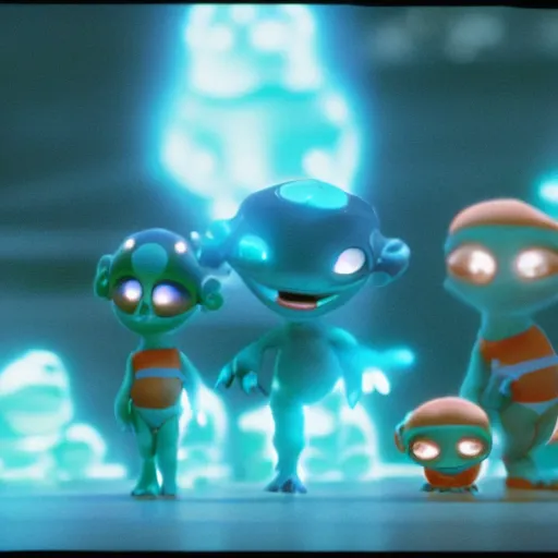 Image similar to cute smiling pixar and chibi style electric blue scaled glowing baby dinosaurs in tron movie, cinestill