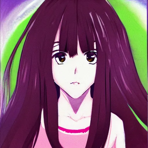 Prompt: a portrait of a anime girl with long dark hair and green eyes, 90s style