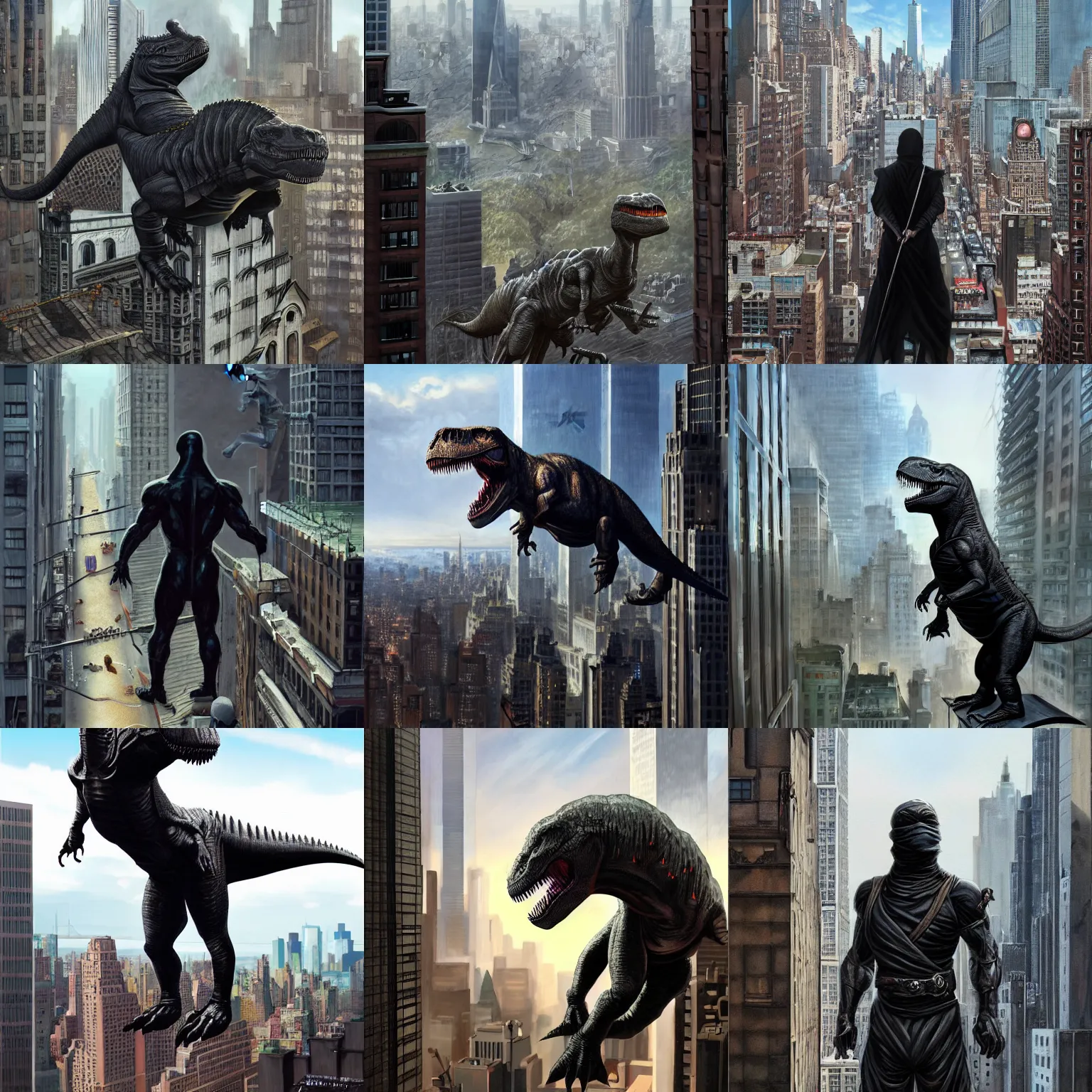 Prompt: T-rex with human body dressed in black ninja cloths is standing on a top of building in New York watching over the city, D&D, fantasy, highly detailed, digital painting, trending on artstation, concept art, sharp focus, illustration, art by artgerm and greg rutkowski and magali villeneuve