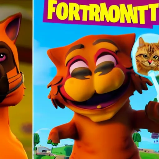 Image similar to a anthropomorphic cat playing Fortnite with a anthropomorphic dog, Garfield cartoon, Jim Davis