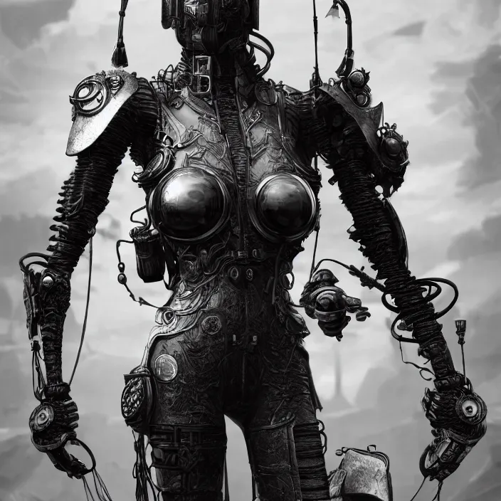 Image similar to a vertical portrait of a character in a scenic environment by nihei tsutomu, black and white, dreamy, steampunk bioarmor, highly detailed, 3 d render, vray, octane, realistic lighting