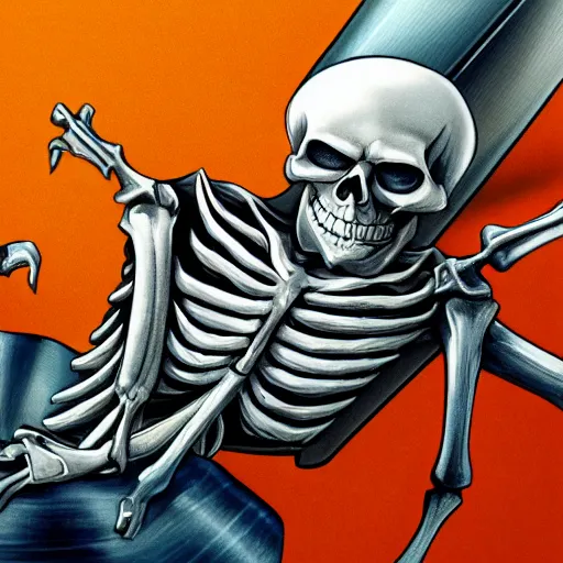 Image similar to a detailed portrait of a skeleton riding a missile, blue eyes, art illustration, incredibly highly detailed and realistic, 8 k, sharp focus