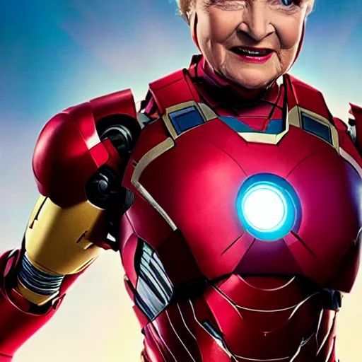 Image similar to promotional still of betty white as marvel's iron man [ film ], hero pose but shy, action, adventure, romance, imax 7 0 mm, 4 k