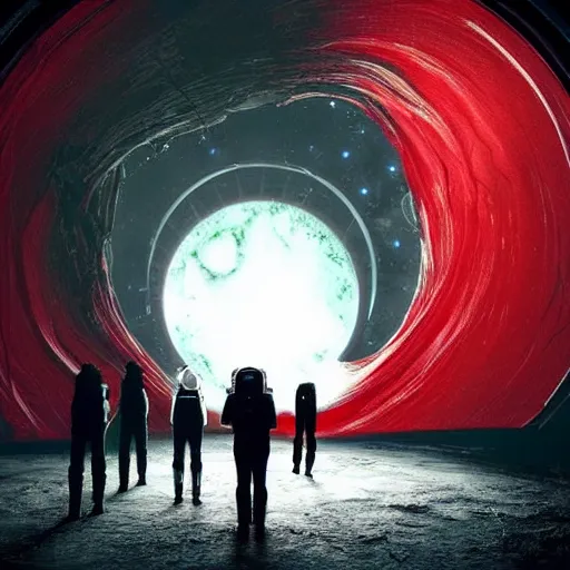 Image similar to ultra realistic, astronaut standing inside of an eerie space cathedral surrounded by cultists, there’s a large obsidian vortex floating above, black and red background, occult, photo realistic, dark atmosphere