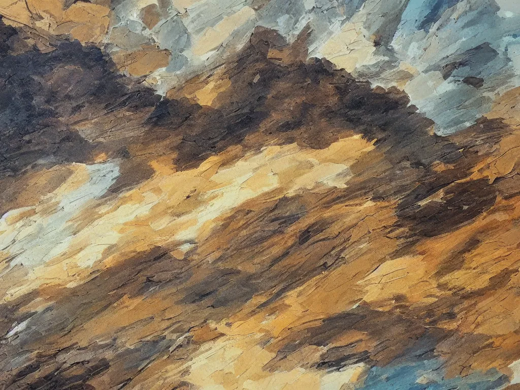 Prompt: abstract finger painting of a beautiful landscape. intricate painting of detailed multiple layers of rocky material. beautiful use of light and shadow to create a sense of depth. using architectural brushwork and a limited earthy color palette.