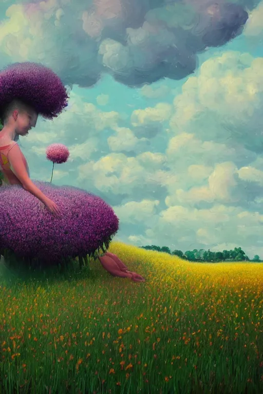 Image similar to closeup, huge flowers as head mohawk, woman in heather field, surreal photography, starlight, storm clouds, impressionist painting, digital painting, artstation, simon stalenhag