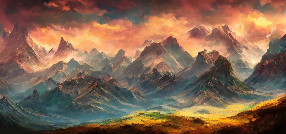 Image similar to vast mountain landscape, craggy mountains, magic the gathering, three - colors, three - color color palette, panoramic, wide angle, horizon, highly detailed