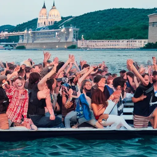 Prompt: nerds laughing at a concert on a boat in Budapest at night