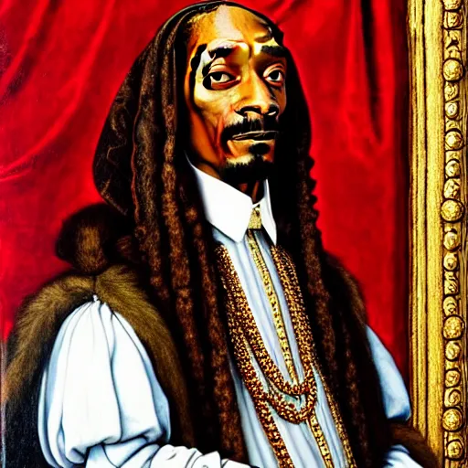 Image similar to a highly detailed portrait of snoop dogg, wearing elegant tudor clothes, inside a room with thick red tapestries, oil painting by hans holbein and alessandro allori and richard burbage