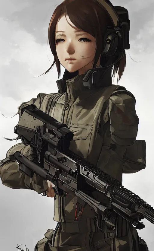 Image similar to highly detailed, high resolution, character design art, stunning, volumetric lightning, realistic guns, girls frontline style, matte, sharp focus, intricate, 150mm, illustration, artstation, by kuvshinov ilya, realistic human anatomy, simple design, realistic military gear, metal gear style