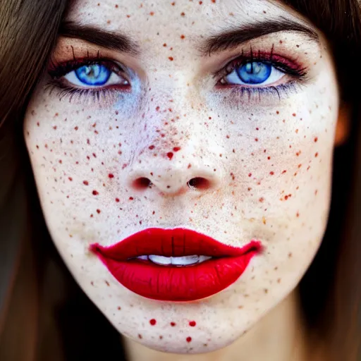 Image similar to close up portrait photo of the left side of the face of a brunette woman with stars inside her eyes, red lipstick and freckles. she looks directly at the camera. Slightly open mouth, face covers half of the frame, with a park visible in the background. 135mm nikon. Intricate. Very detailed 8k. Sharp. Cinematic post-processing. Award winning photography