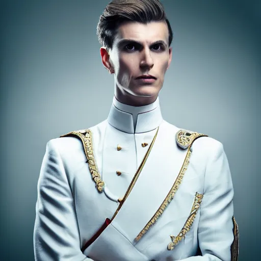 Image similar to portrait of a regal prince in futuristic white clothes, high collar, sharp cheekbones, wistful expression, surrounded by a crowd of angry people