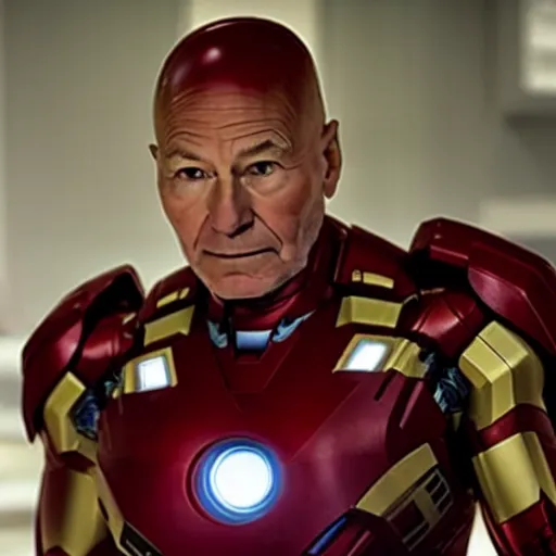 Image similar to a film still of Patrick Stewart as Iron Man in the new Iron Man film