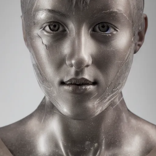 Image similar to a head and shoulders portrait of a female cyborg in her 20s, sculpture made of marble and aluminum, studio photography, cyberpunk lighting