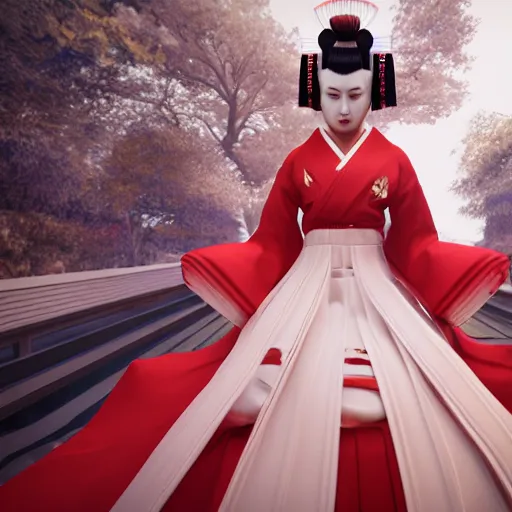 Image similar to kitsune geisha fancy hakama, full body, unreal engine octane, red and white, gliter, depth of field, 8k, hyper detailed, trending on artstation