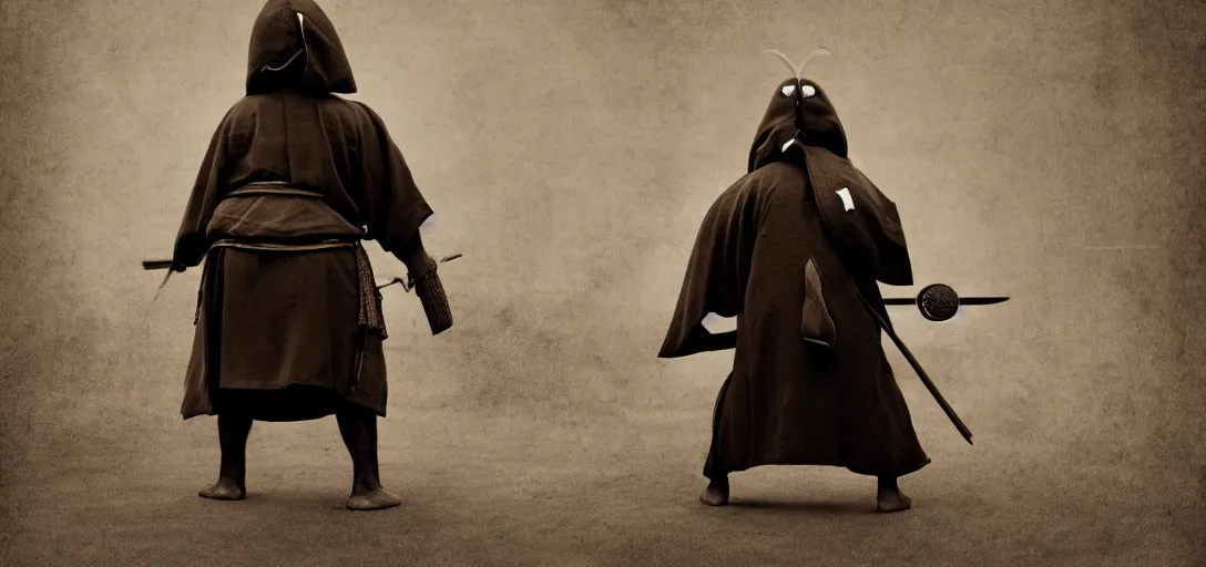 Image similar to pingu as samurai, sepia photography