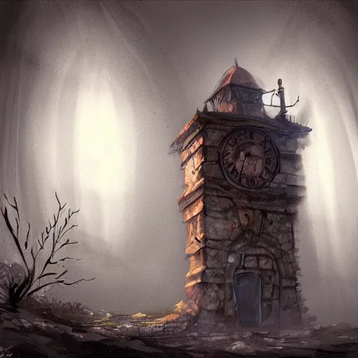 Prompt: an abandoned old,rusty, clock tower in a dark enormous cave, painting, illustration, Concept art, art station, DeviantArt