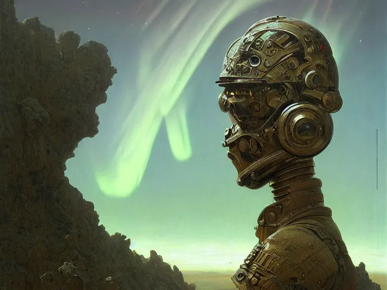 Prompt: a detailed profile oil painting of a humanoid soldier on an alien landscape with reflective visor, flight suit, portrait symmetrical and science fiction theme with aurora lighting by beksinski carl spitzweg and tuomas korpi. baroque elements, full-length view. baroque element. intricate artwork by caravaggio. Trending on artstation. 8k