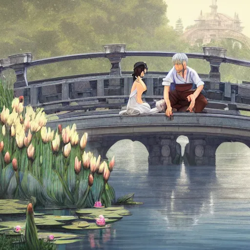 Image similar to a couple sitting on the bridge close to the river with a lot of water lily made by studio ghibli highly detailed, digital painting, artstation, concept art, smooth, sharp focus, illustration, art by artgerm and greg rutkowski and alphonse mucha