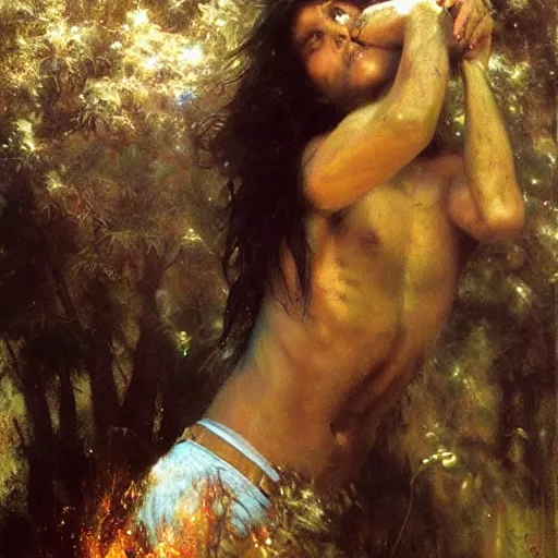 Image similar to a latino teenage boy with long black hair opens a portal to nowhere. dramatic. cinematic. holy. saintly. demigod. detailed. sharp. photo realistic. realism. gaston bussiere. phil hale