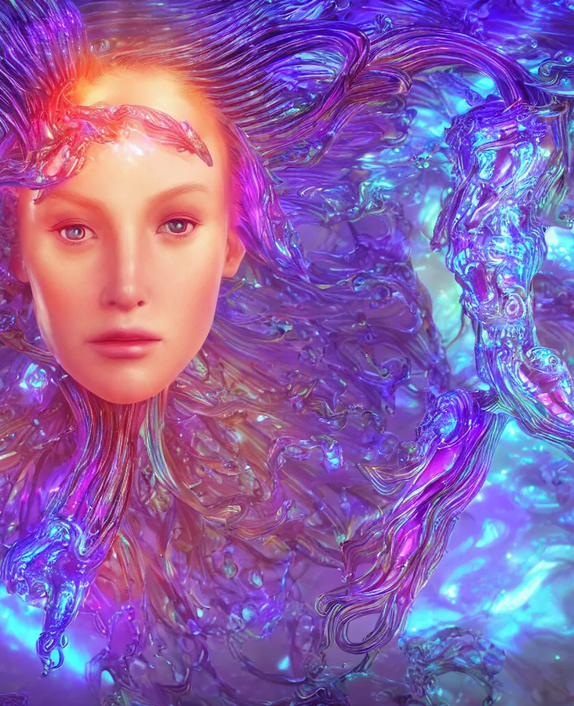 Image similar to iridescent close-up macro portrait of the face of a beautiful princess, epic angle and pose, symmetrical artwork, 3d with depth of field, blurred background, cybernetic jellyfish female face skull phoenix bird, translucent, nautilus, energy flows of water and fire. a highly detailed epic cinematic concept art CG render. made in Maya, Blender and Photoshop, octane render, excellent composition, cinematic dystopian brutalist atmosphere, dynamic dramatic cinematic lighting, aesthetic, very inspirational, arthouse. y Greg Rutkowski, Ilya Kuvshinov, WLOP, Stanley Artgerm Lau, Ruan Jia and Fenghua Zhong