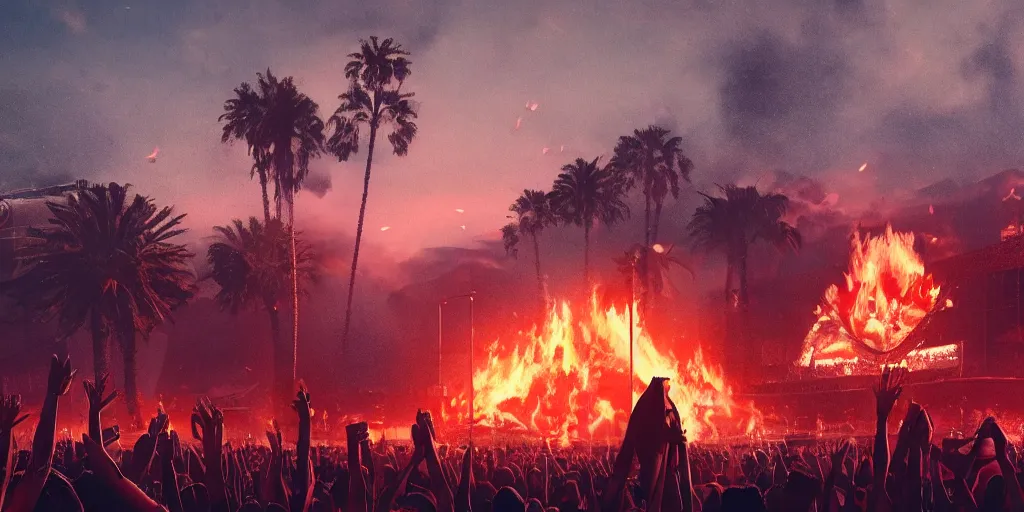 Prompt: realistic cinematic views of a Orwellian Coachella with fires in the background and dead animals falling from the sky in front of the main stage, hyper detailed, hyper realistic, digital painting, 8k, 35mm film grain, octane render