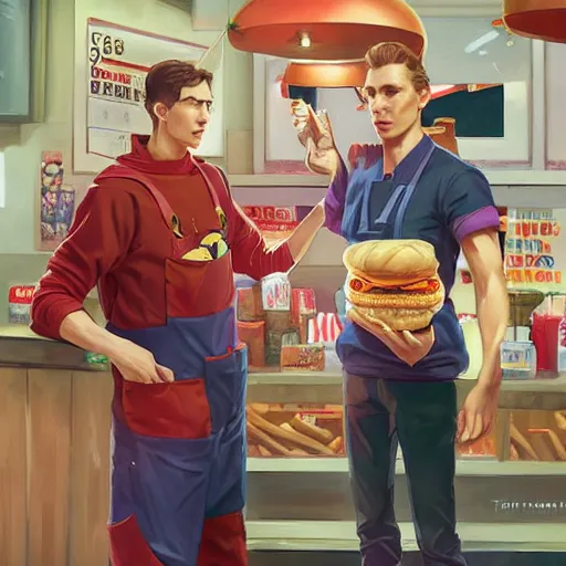 Image similar to youtuber jerma 9 8 5 ordering fastfood, highly detailed, digital painting, artstation, sharp focus, illustration, art by tan zi and ayanamikodon, artgerm and alphonse mucha and wlop