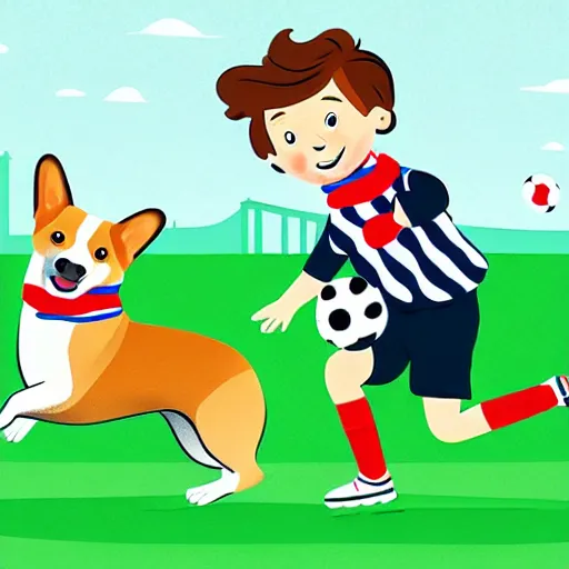 Image similar to illustration of french boy in paris playing football against a corgi, the dog is wearing a polka dot scarf