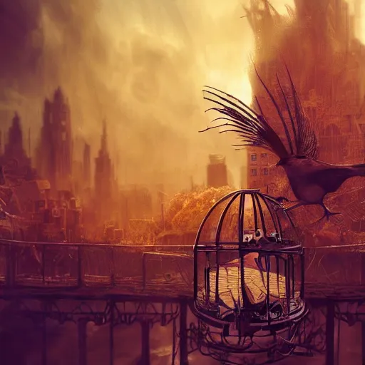 Image similar to intricate cage with bird of paradise steampunk, matte painting, cinematic, epic composition, detailed, atmospheric, wide angle, artstation trending