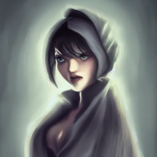 Image similar to grumpy girl, portrait, ice magic, dark hair, dark robe, warm light, concept art, illustration