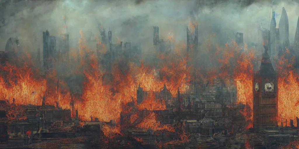Prompt: london on fire, by gustave dore. back glass painting, carnation, encaustic painting, b - roll, establishing shot, dappled light, crime scene photography, 8 k, vray, unreal engine, blender cycles, colorful