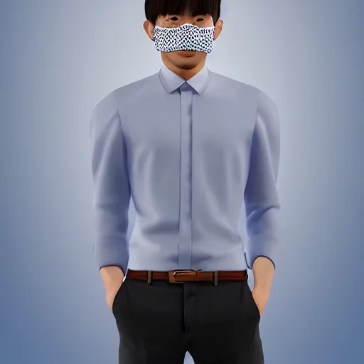 Prompt: 2 0 years old masked asian guy wearing blue long sleeve blouse by folding his sleeves, 8 k, hd, hyperrealistic details, illustrator art style