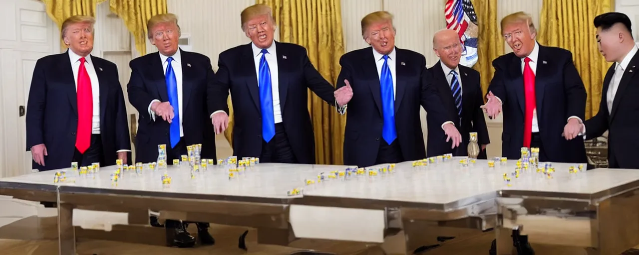 Prompt: donald trump with joe biden and kim jong un playing beer pong on air force one