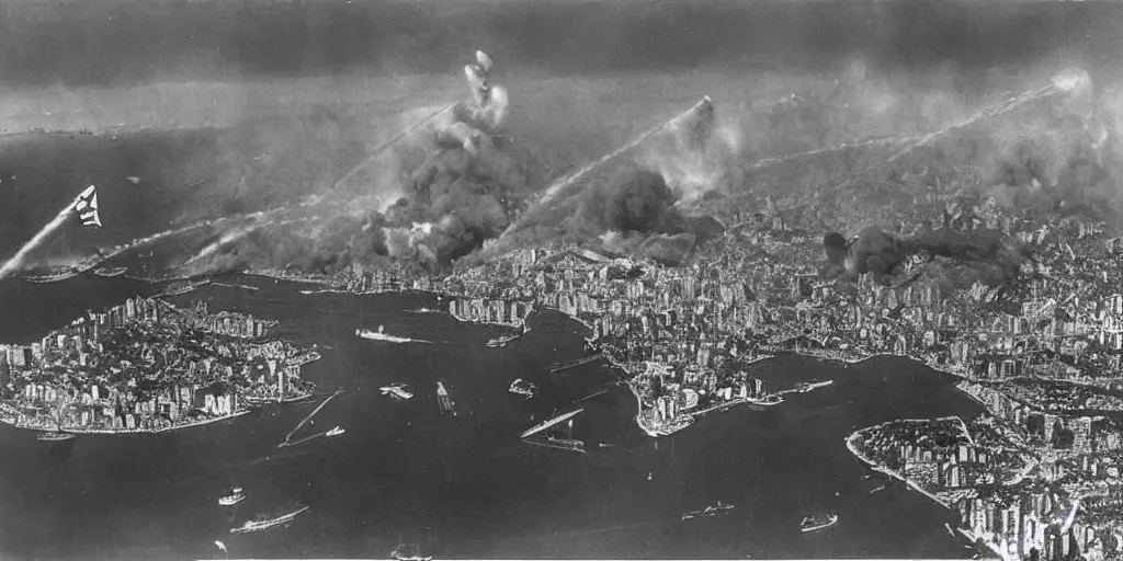 Image similar to the bombing of rio de janeiro ( 1 9 3 0 ), historical photograph, highly detailed, 4 k, real, big explosions, fire, destruction, early 2 0 th century, wide angle,