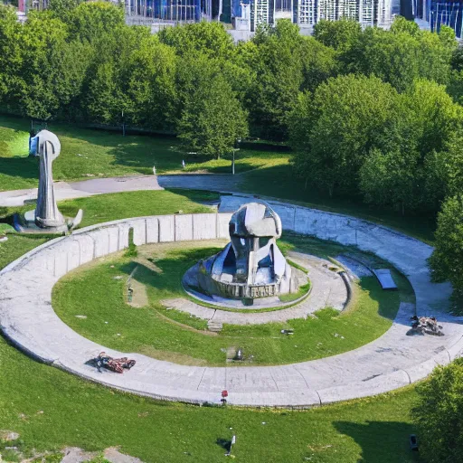 Prompt: aerial view of brutalist monument ( ( ( ( park ) ) ) ) spomenik, ( ( ( railings ) ) ), photo, 4 k